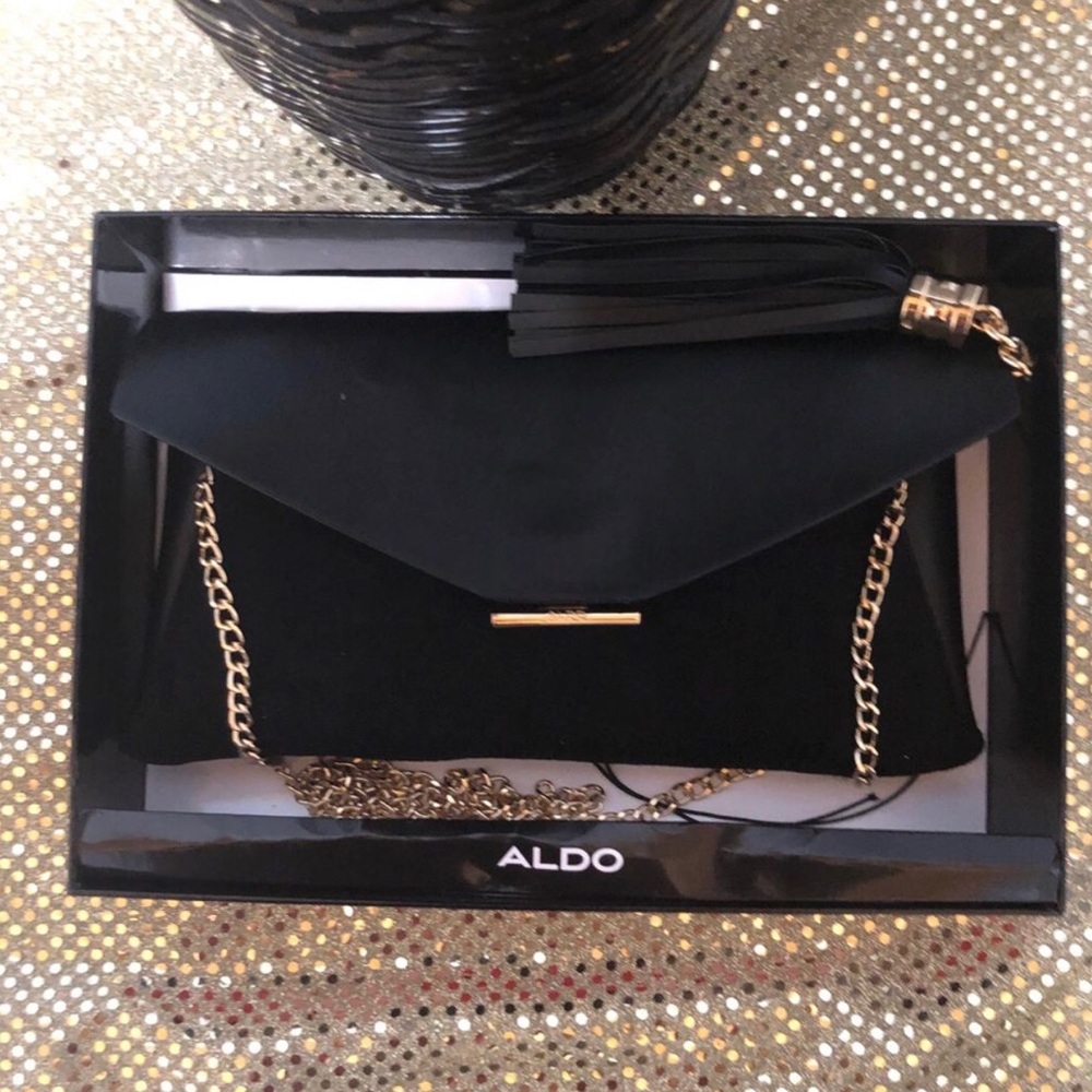 Aldo Black Envelope Clutch Shoulder Bag with Chain Strap